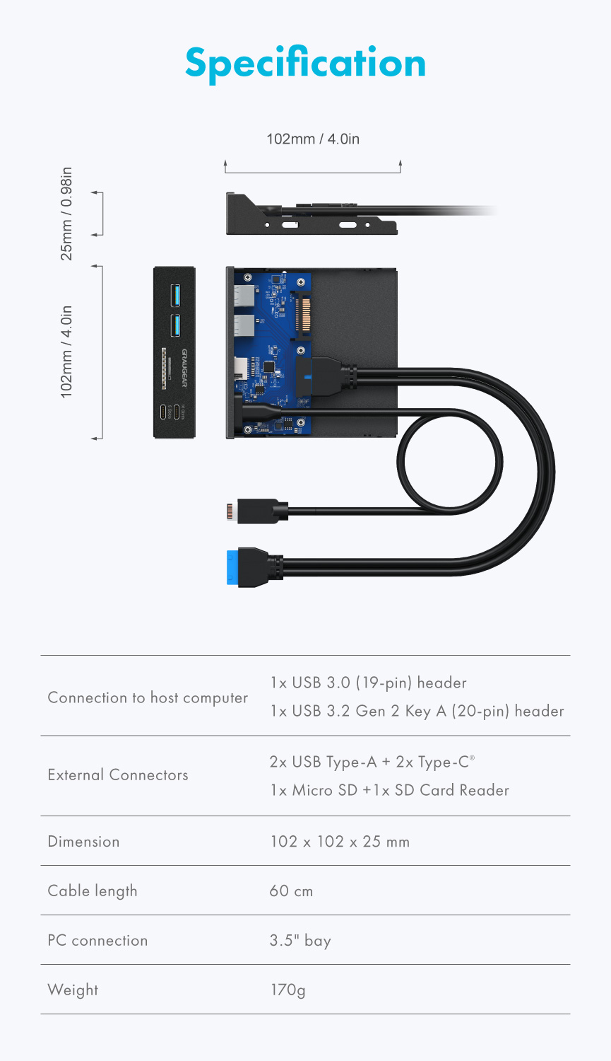 GRAUGEAR 3.5 Inch Front Panel USB Hub, Internal Metal USB Hub with USB3.2  Gen2 USB-C and USB 3.0 Ports, 20-Pin USB 3.2 Key-A Header Required, Fits