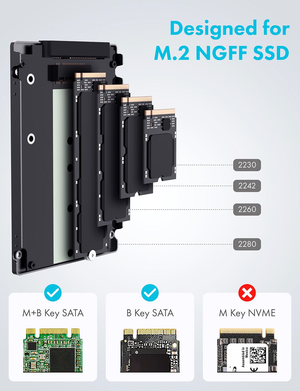 ELUTENG M2 SATA Boîtier Adaptateur M2 SATA vers USB C Gen1 USB 3.1 UASP  6Gbps pour 2280 2260 2242 2230 B et B + M Key NGFF M.2 SSD avec Câble Type  -C