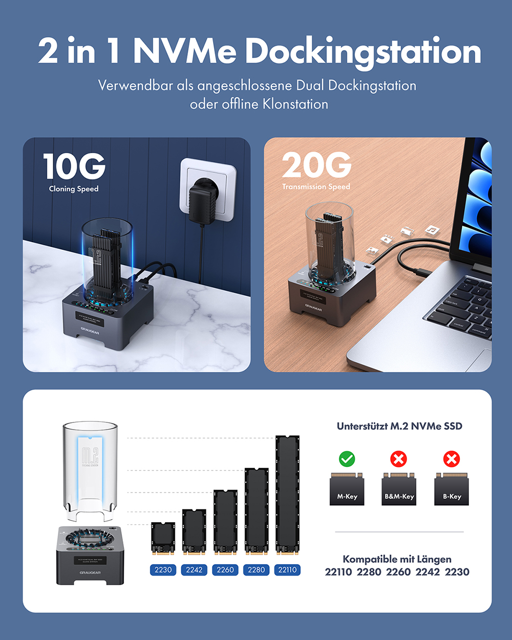 USB3.2 Gen2x2 Klonstation für 2x M.2 NVMe SSD - GRAUGEAR