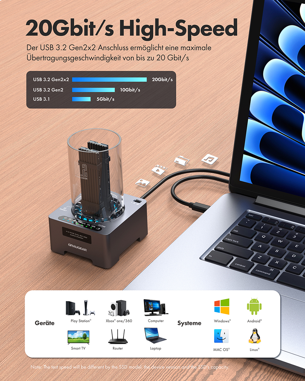 USB3.2 Gen2x2 Klonstation für 2x M.2 NVMe SSD - GRAUGEAR